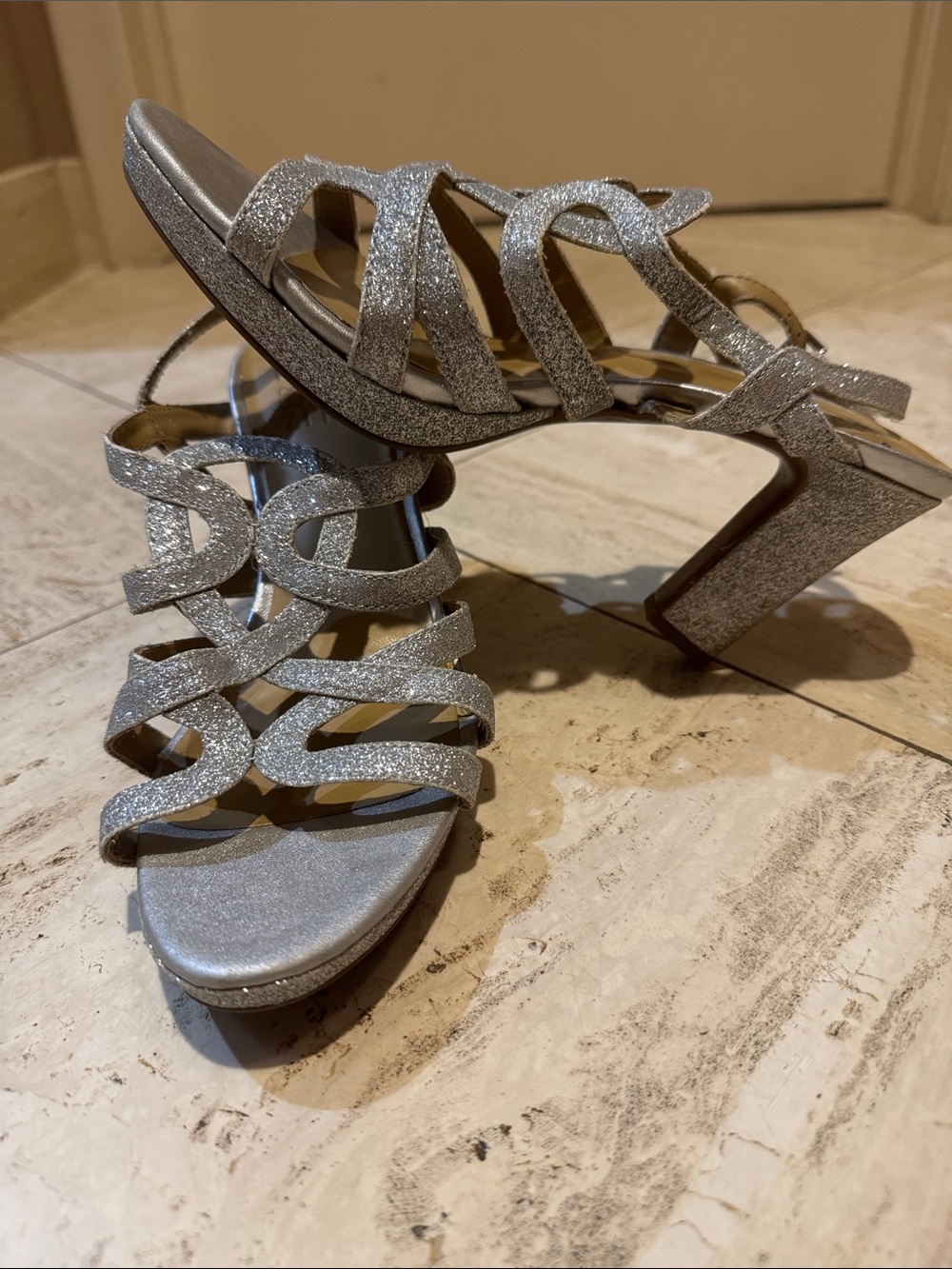Naturalizer Silver Glitter Strappy Block Heel Sandals